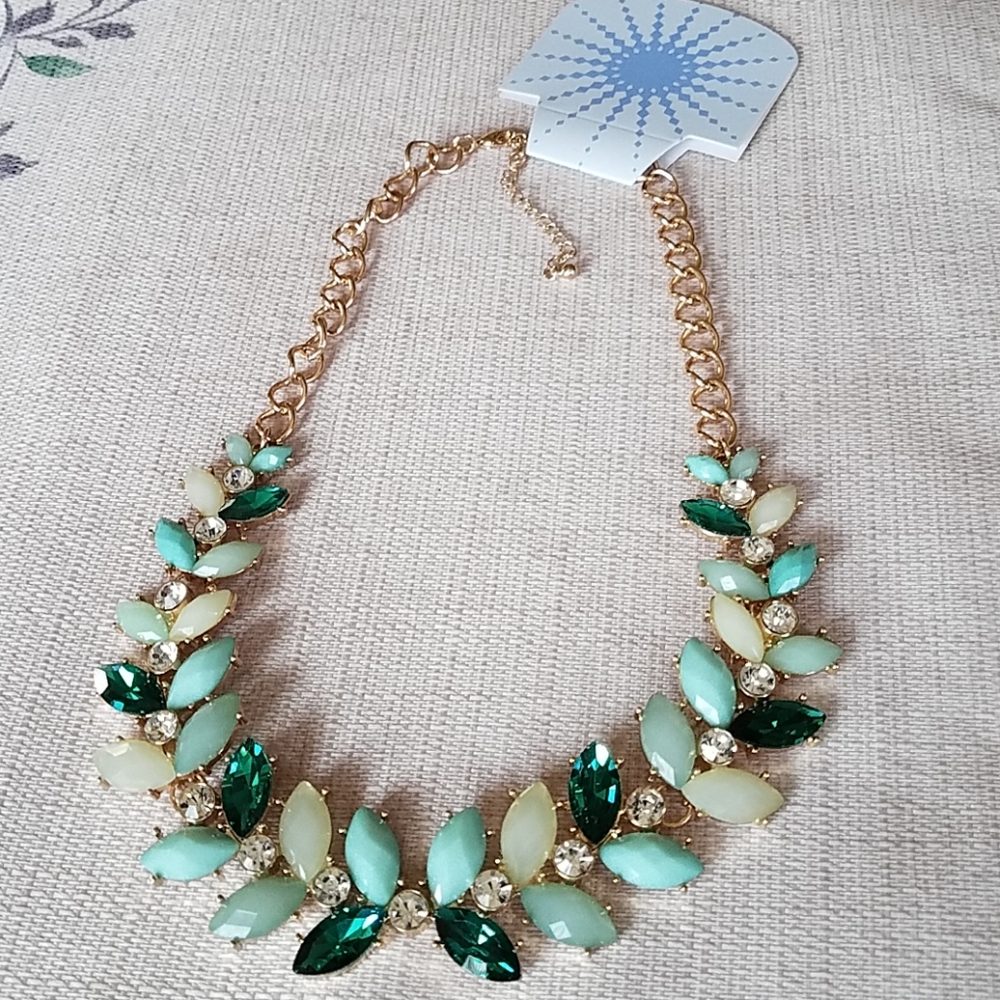 Modcloth Green Rhinestone Gold Statement Necklace